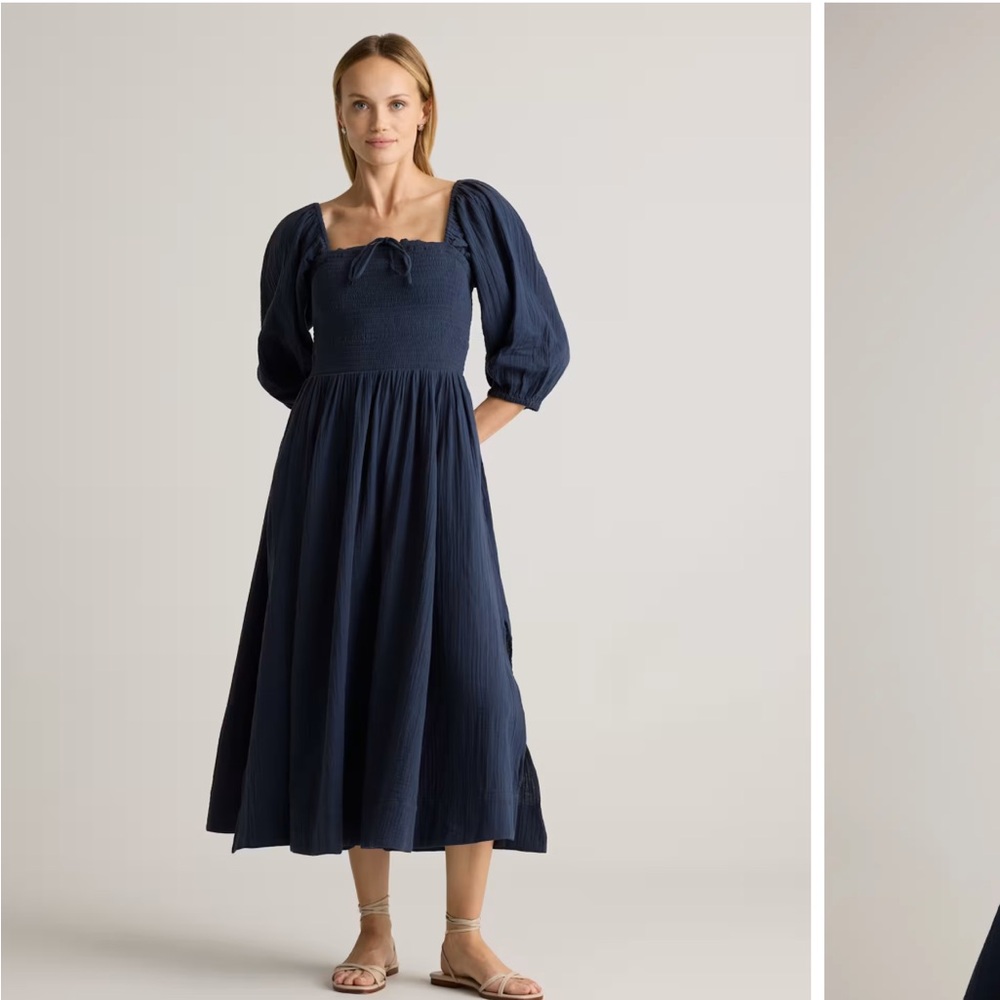 Smocked Puff-Sleeve Maxi Dress - Navy 100% cotton Quince